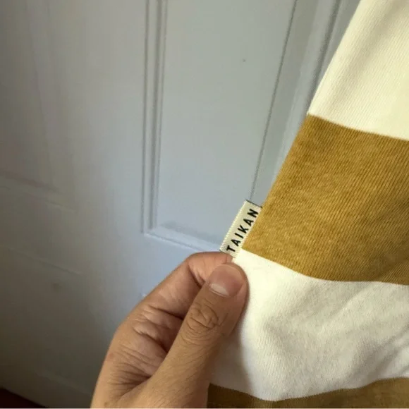 TAIKAN white mustard yellow striped cotton crew neck long sleeve pullover shirt